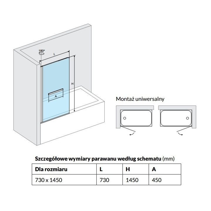 Excellent Actima Seria 900 Parawan nawannowy jednoczęściowy 73x145 cm z uchwytem na ręcznik, profil chrom szkło przezroczyste - 
