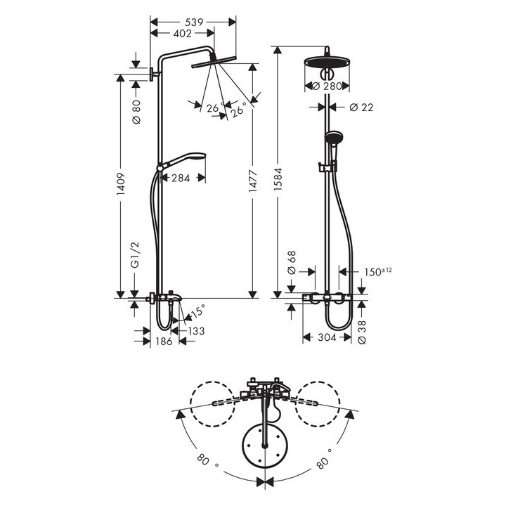 Komplet prysznicowy Hansgrohe Croma Select S 280 1 jet do wanny, chrom- sanitbuy.pl