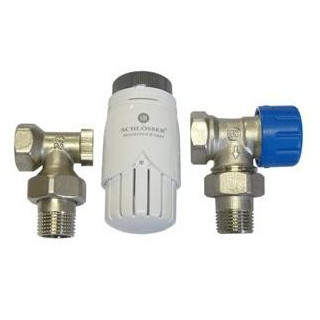 Zestaw armatury grzejnikowej Schlosser figura kątowa (M22x1,5), z białą głowicą- sanitbuy.pl