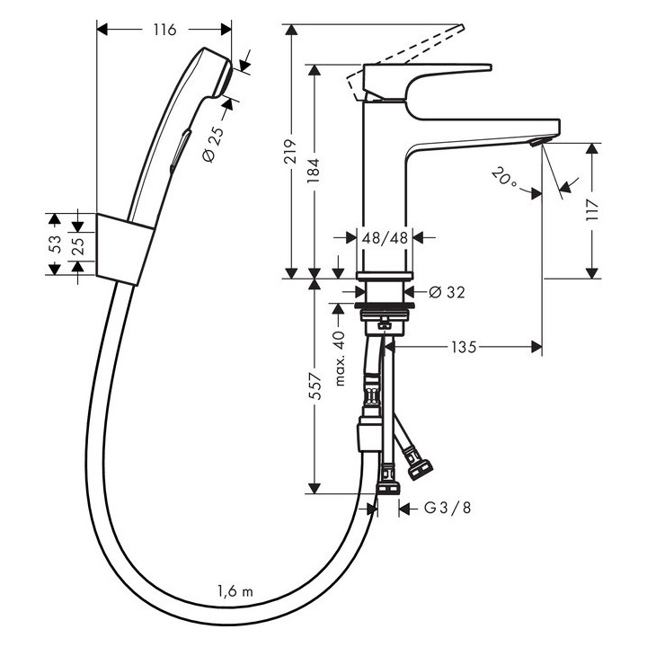 Bateria umywalkowa Hansgrohe Metropol z główką bidette i wężem 1,6m, uchwyt loop, chrom- sanitbuy.pl