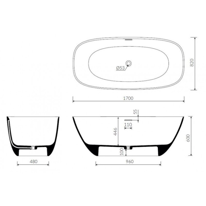 Wanna wolnostojąca, Sanitti SETTE, 1700x820x600, syfon z przelewem, biały 