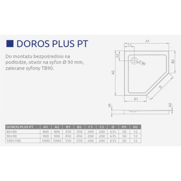 Brodzik pięciokątny Radaway Doros Plus PT, 80x80, z wypełnieniem, biały