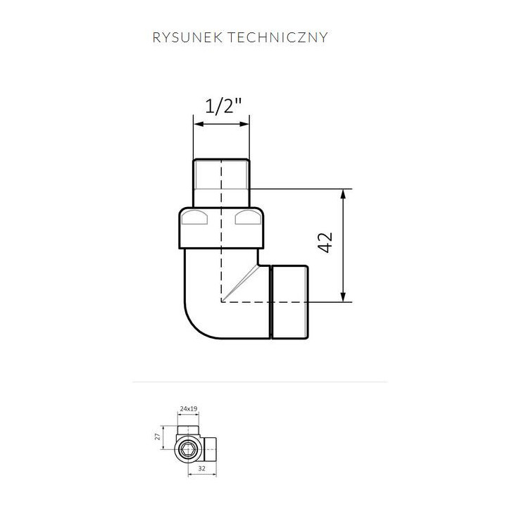 Zawór trójosiowy odcinający kątowy Terma, Prawy, GZ 24x19 - czarny