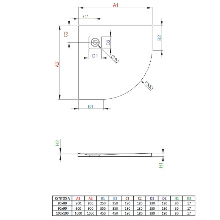 Brodzik Radaway Kyntos A, półokrągły, 100x100, konglomerat, antracyt