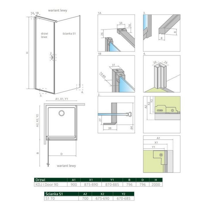 Kabina Radaway Eos KDJ 100, wymiary: 1000x1000x1970 mm prostokątna prawa z drzwiami jednoczęściowymi, szkło przejrzyste