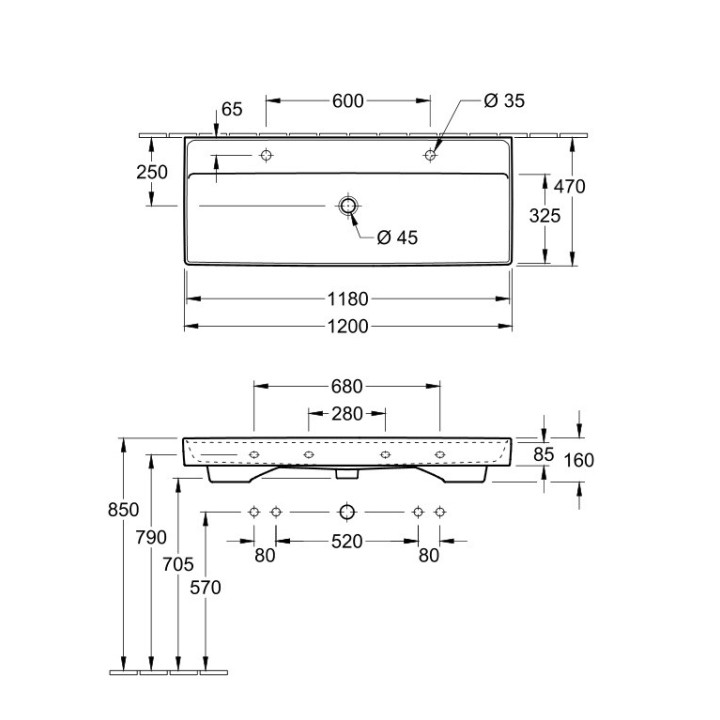 Umywalka meblowa podwójna Villeroy&Boch Collaro, 130x47cm, z przelewem, biała