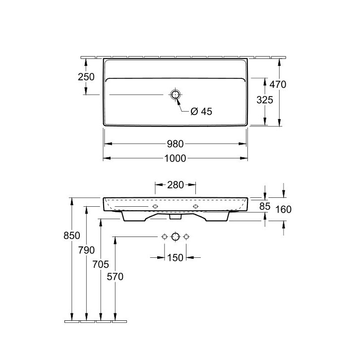 Umywalka meblowa podwójna Villeroy&Boch Collaro, 130x47cm, z przelewem, biała