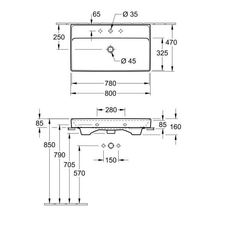 Umywalka meblowa podwójna Villeroy&Boch Collaro, 130x47cm, z przelewem, biała