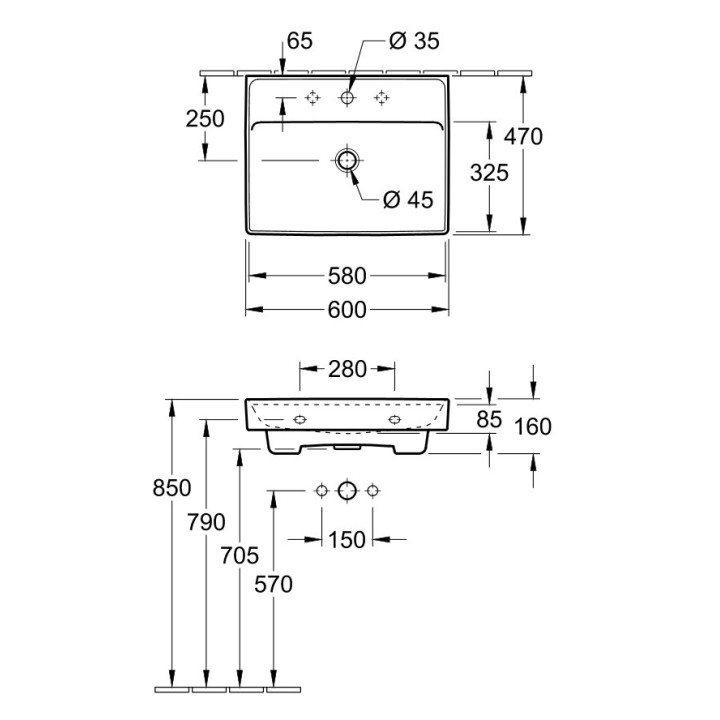 Umywalka meblowa podwójna Villeroy&Boch Collaro, 130x47cm, z przelewem, biała