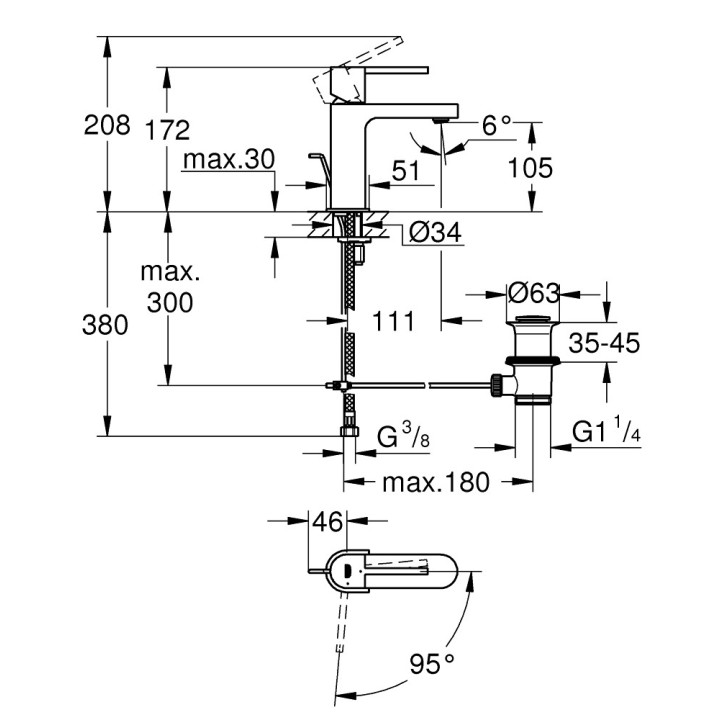 Bateria umywalkowa Grohe Plus, stojaca, 172mm wysokości, chrom