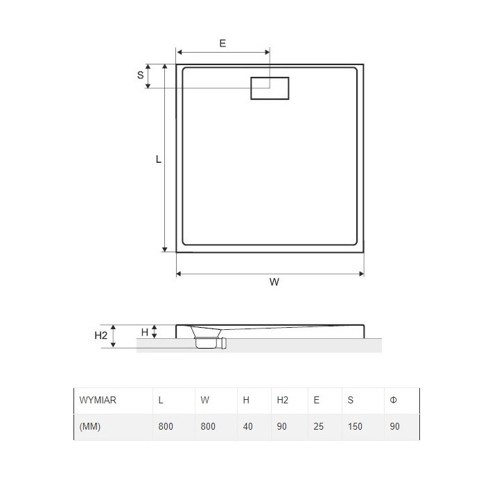 Brodzik kwadratowy Excellent Zero 80x80 cm, akrylowy, niski z klapką, biały 