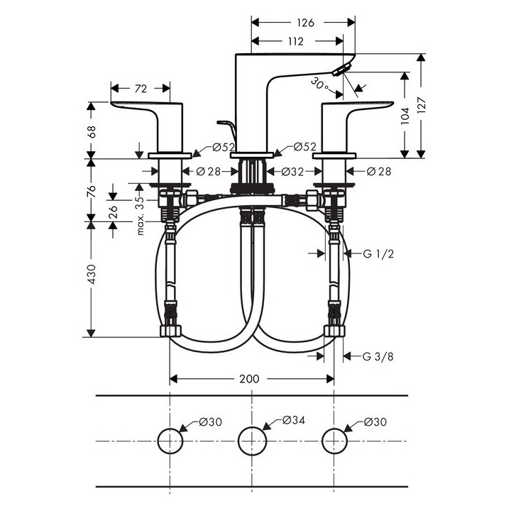 Bateria umywalkowa 3-otworowa Hansgrohe Talis E wys. 127 m, chrom, komplet odpływowy- sanitbuy.pl
