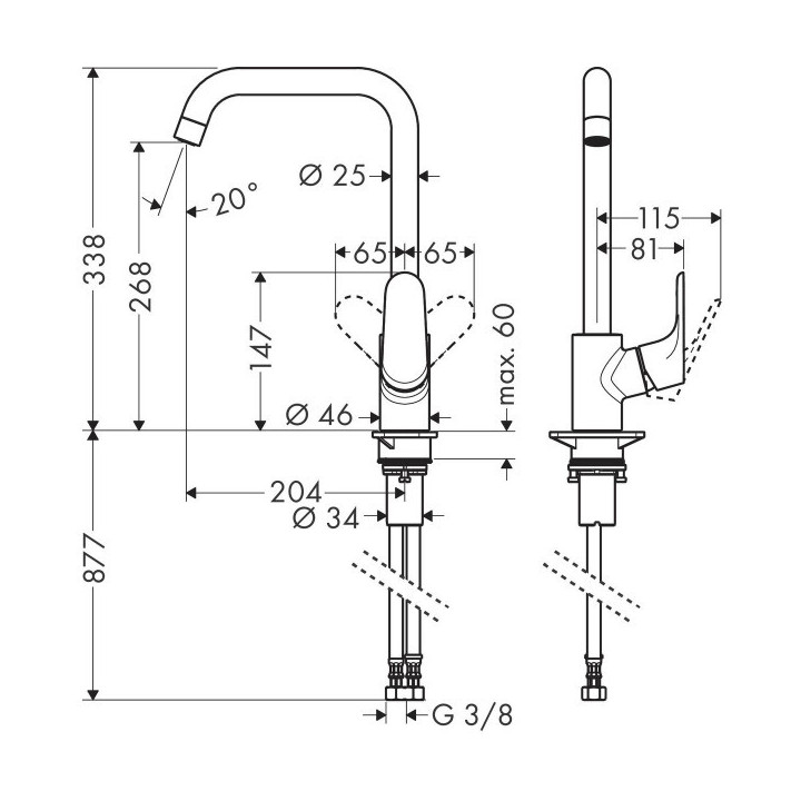 Bateria kuchenna Hansgrohe Focus 260, jednouchwytowa, obracana wylewka, czarny mat