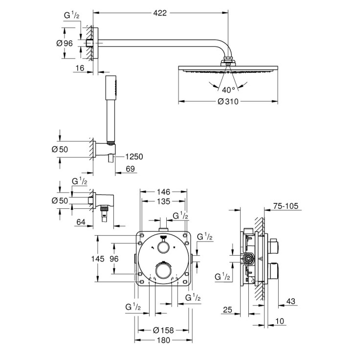 Zestaw prysznicowy Grohe Tempesta 210, podtynkowy, bateria termostatyczna, chrom