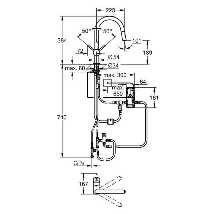Elektroniczna bateria zlewozmywakowa Grohe Minta Touch, jednouchwytowa, wyciągana wylewka, chrom