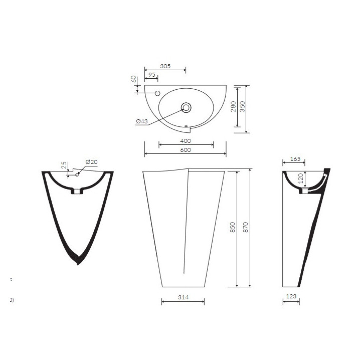 Umywalka wolnostojąca Marmorin Zora S, 600x350x870 mm bez przelewu biała