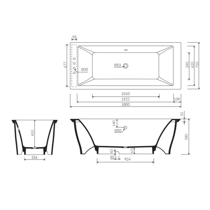 Wanna wolnostojąca Marmorin Teodor II prostokątna z czarną obudową 1800x750x580 mm biała
