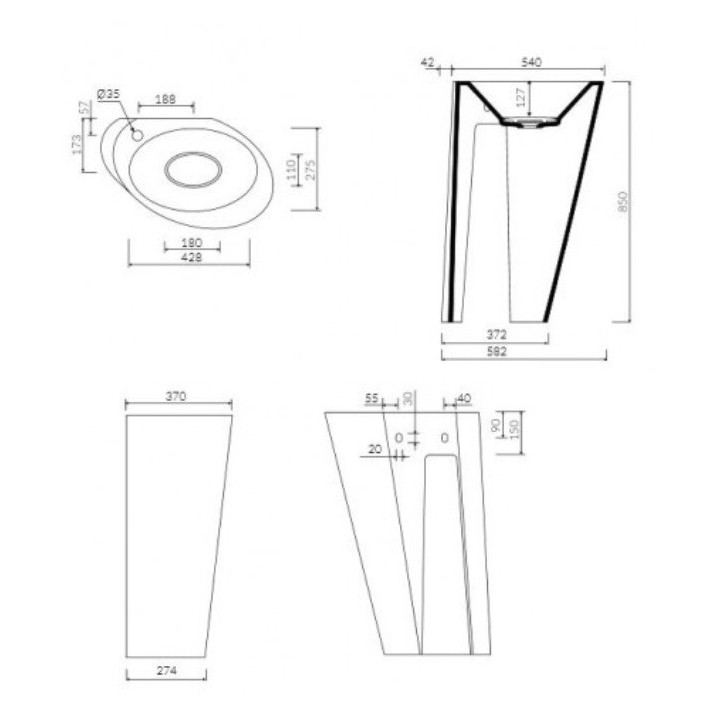 Umywalka wolnostojąca Marmorin Amos S 582x370x580 mm bez otworu/z otworem na baterie, bez przelewu biała 