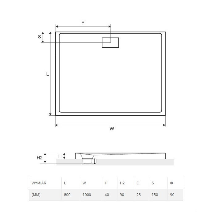 Brodzik akrylowy prostokątny Excellent Zero 150x90 cm niski z klapką, biały