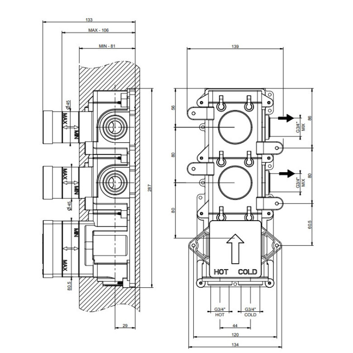 Element podtynkowy Gessi Inciso Wellness dla 2 wyjść wody