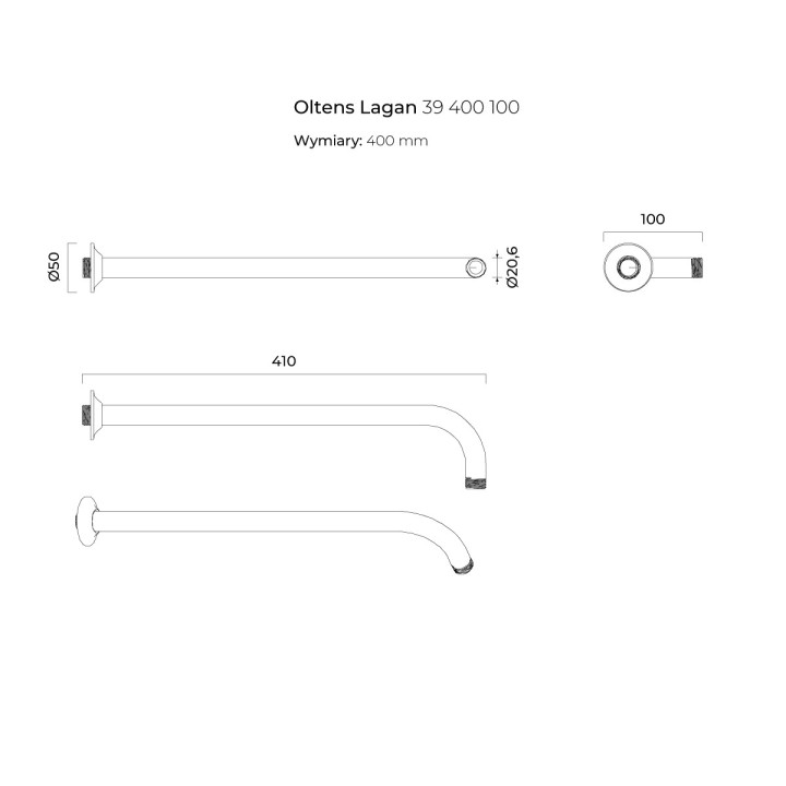Ramię deszczownicy Oltens Lagan, ścienne, 40cm, chrom