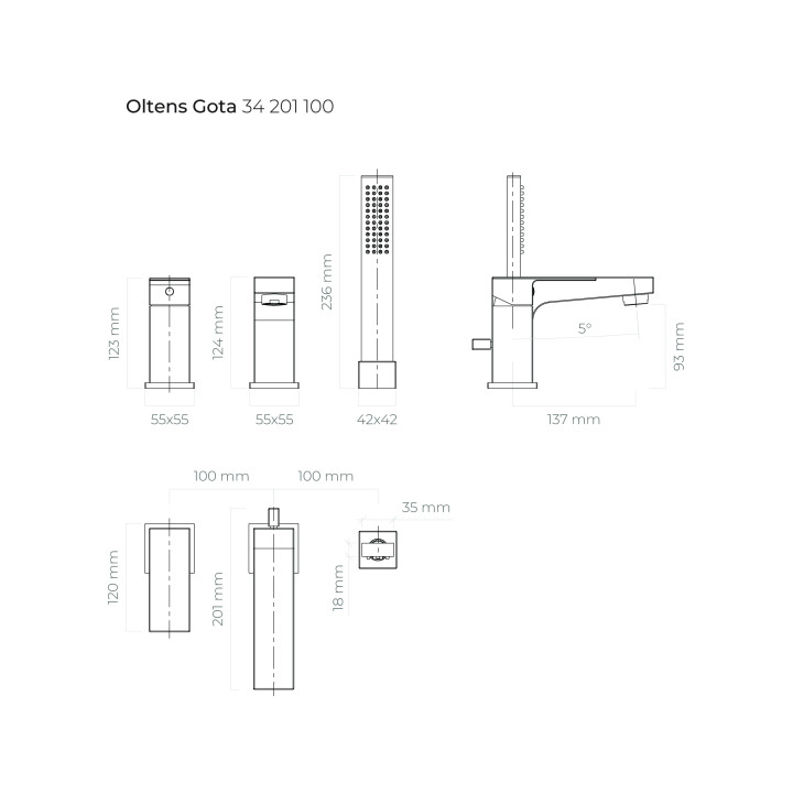 Bateria wannowa Oltens Gota, 3-otworowa, zestaw natryskowy, chrom