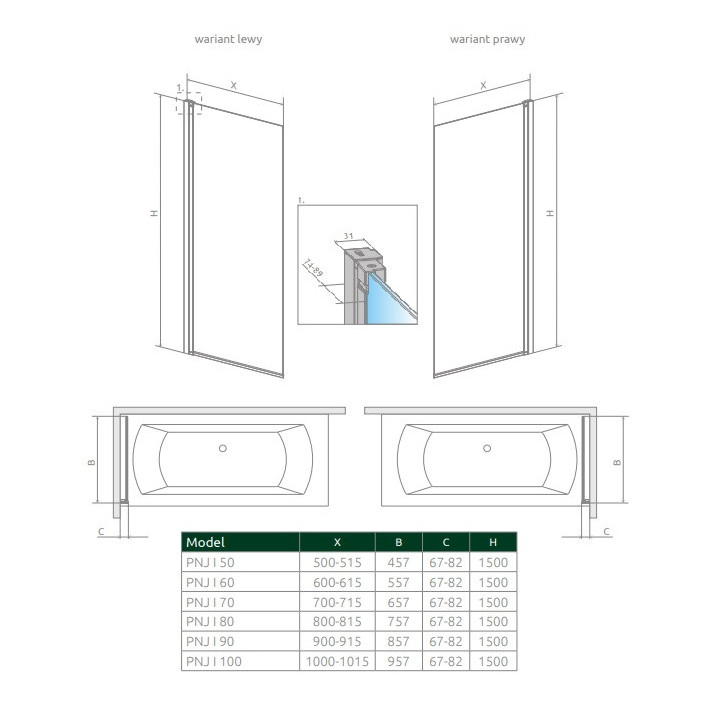 Parawan nawannowy Radaway Nes 8 Black PNJ I, prawy, szkło przejrzyste, 80x150cm, czarny profil