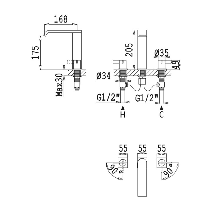Bateria umywalkowa 2-otworowa Bruma Breeze, stojąca, bez korka, chrom