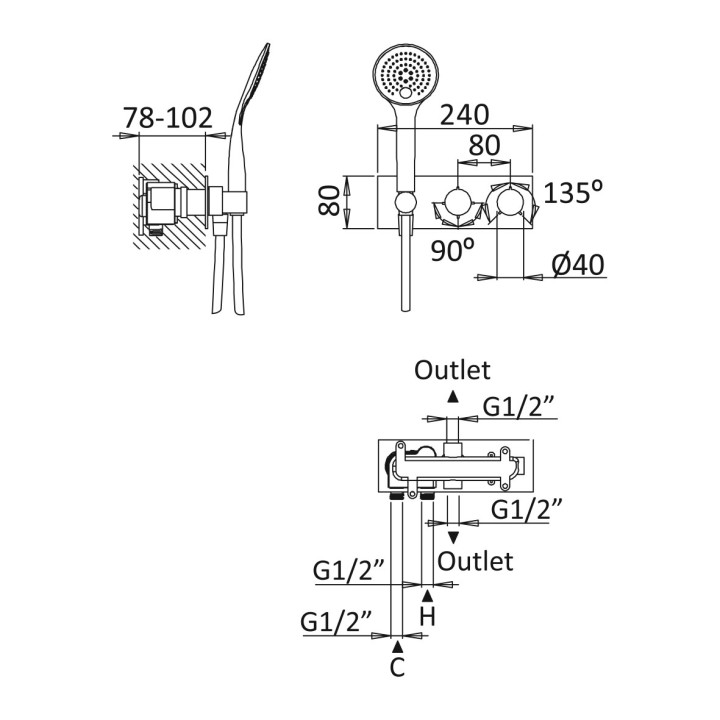 Bateria natryskowa Bruma Breeze, podtynkowa, poziome rozmieszczenie, dwa wyjścia wody, zestaw natryskowy, chrom