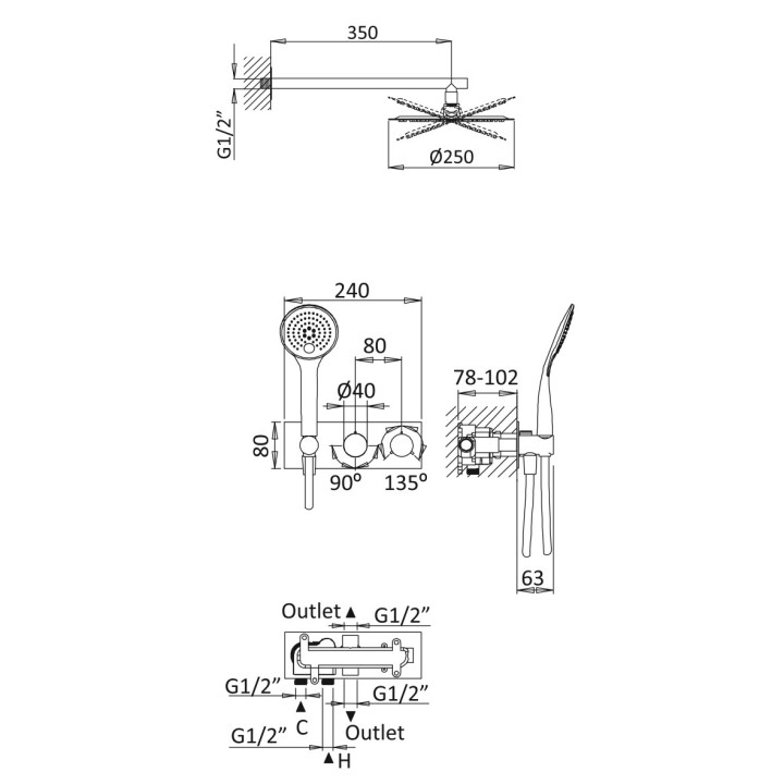 Zestaw natryskowy Bruma Breeze, podtynkowy, bateria termostatyczna, deszczownica z ramieniem ściennym 350mm, słuchawka 3-funkcyj