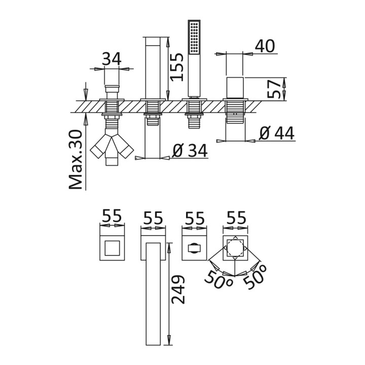Bateria wannowa 4-otworowa Bruma Adamastor, 2 wyjścia wody, zestaw natryskowy, chrom