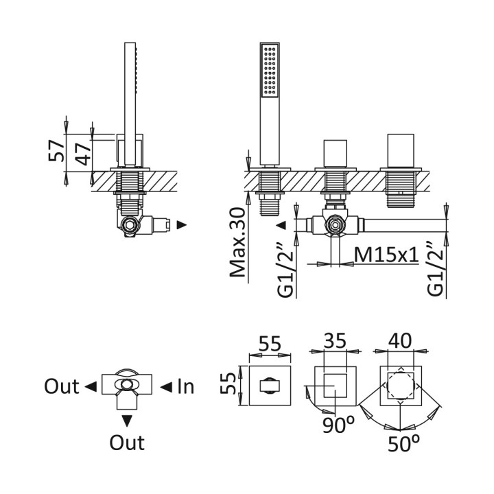Bateria wannowa 4-otworowa Bruma Adamastor, 2 wyjścia wody, zestaw natryskowy, chrom