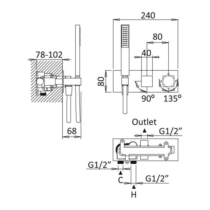 Bateria natryskowa Bruma Adamastor, podtynkowa, 2 wyjścia wody, zestaw natryskowy, chrom