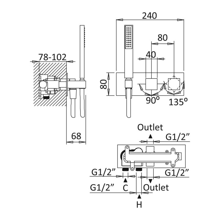 Bateria natryskowa Bruma Adamastor, podtynkowa, 2 wyjścia wody, zestaw natryskowy, chrom
