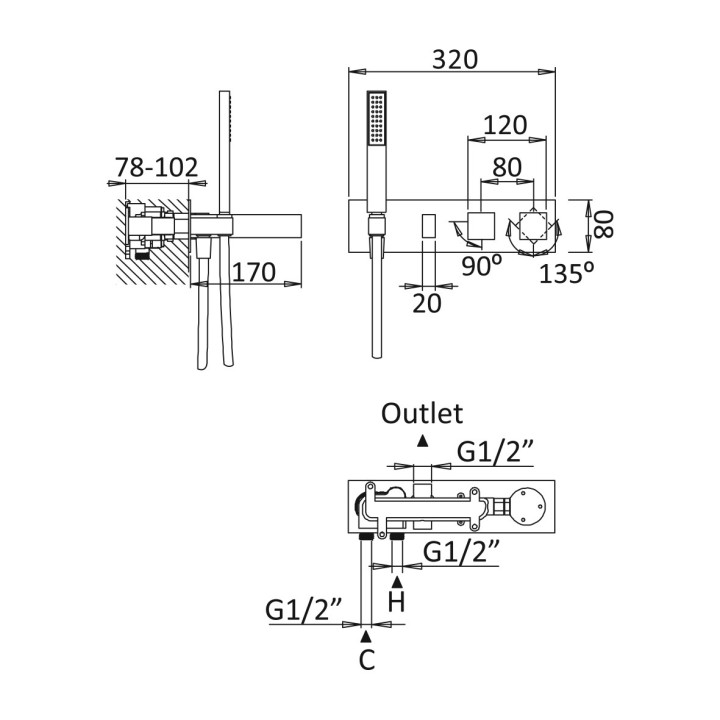 Termostatyczna bateria natryskowa Bruma Adamastor, podtynkowa, 2 wyjścia wody, zestaw natryskowy, chrom