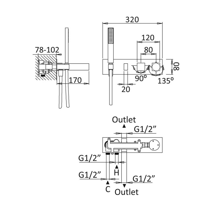 Termostatyczna bateria natryskowa Bruma Adamastor, podtynkowa, 2 wyjścia wody, zestaw natryskowy, chrom