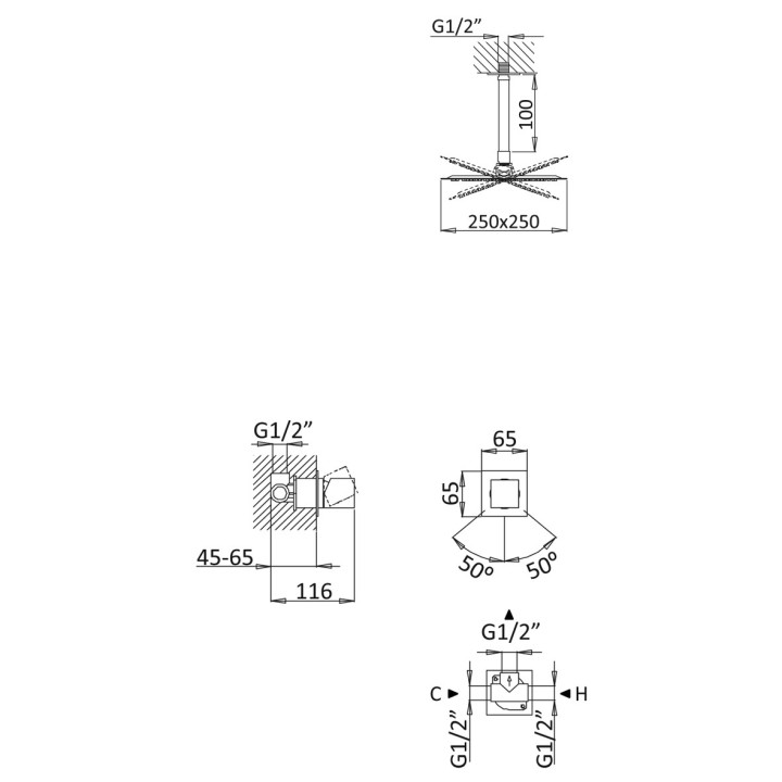 Zestaw natryskowy Bruma Adamastor, podtynkowy, deszczownica 250x250mm z ramieniem ściennym 350mm, chrom