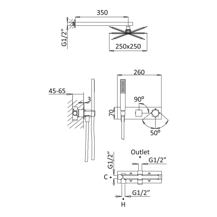 Zestaw natryskowy Bruma Adamastor, podtynkowy, deszczownica 250x250mm z ramieniem ściennym 350mm, słuchawka 1-funkcyjna, chrom