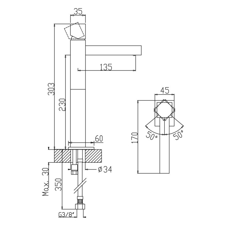 Bateria umywalkowa Bruma Escudo, stojąca, jednouchwytowa, wysokość 158mm, bez korka, chrom