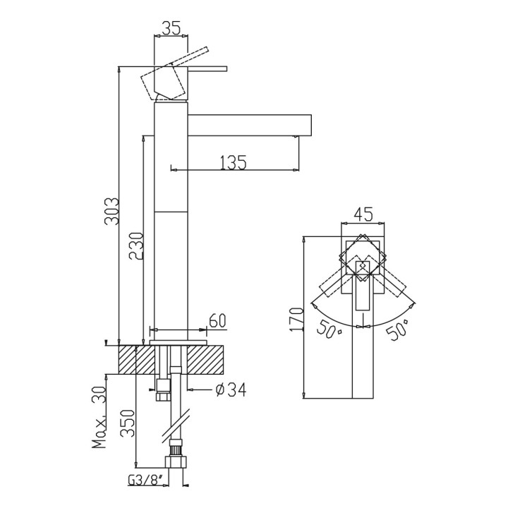 Bateria umywalkowa Bruma Escudo, stojąca, uchwyt bez dźwigni, wysokość 303mm, bez korka, chrom