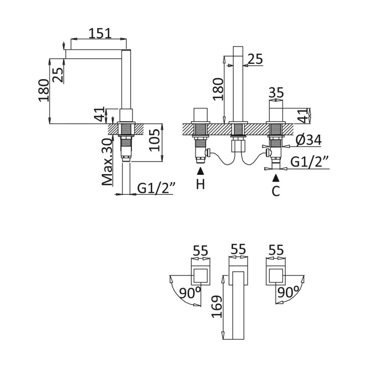 Bateria umywalkowa 2-otworowa Bruma Escudo, stojąca, bez korka, chrom