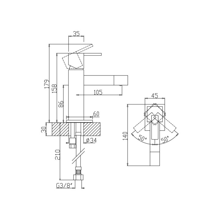 Bateria bidetowa Bruma Escudo, stojąca, uchwyt bez dźwigni, bez korka, chrom
