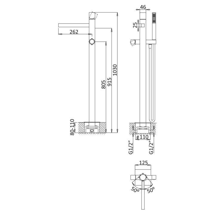 Bateria wannowa wolnostojąca Bruma Escudo, wysokość 103cm, zestaw natryskowy, chrom