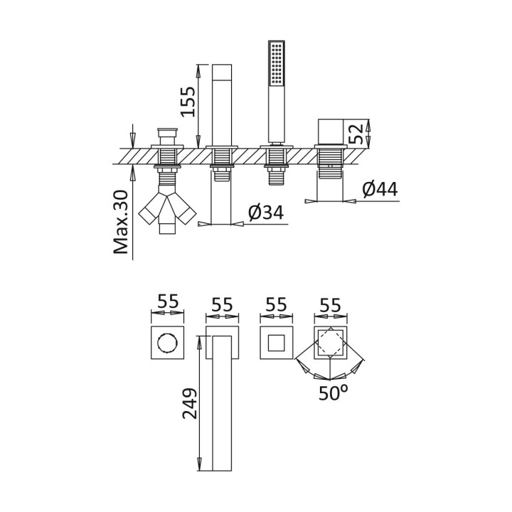 Bateria wannowa 4-otworowa Bruma Escudo, montowana na półce, uchwyt bez dźwigni, 2 wyjścia wody, chrom