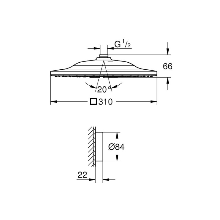 Deszczownica Grohe Rainshower SmartConnect 310, okrągła, średnica 310mm, 2 strumienie, ramię ścienne 422mm, pilot do zmiany stru