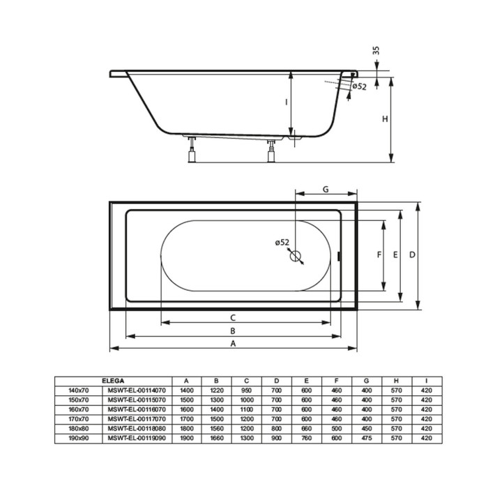 Wanna prostokątna Massi Bonta, 140x75cm, do zabudowy, biała