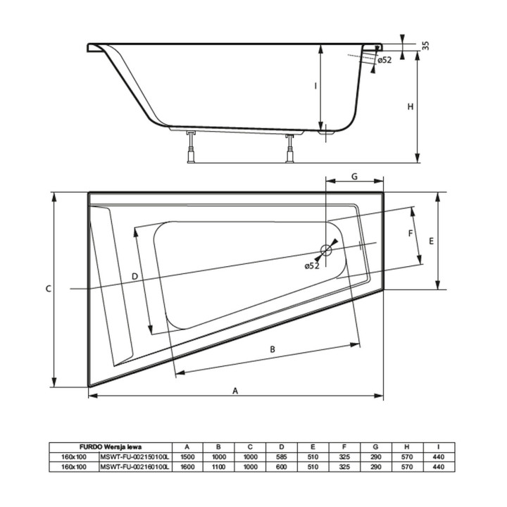 Wanna prostokątna Massi Elega, 190x90cm, do zabudowy, akrylowa, biała