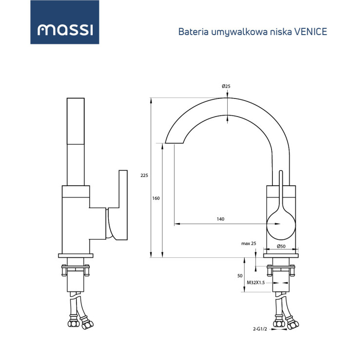 Bateria umywalkowa Massi Santiago, stojąca, niska, chrom