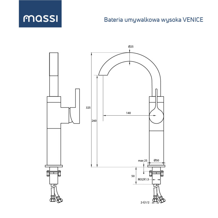 Bateria umywalkowa Massi Venica, stojąca, niska, chrom