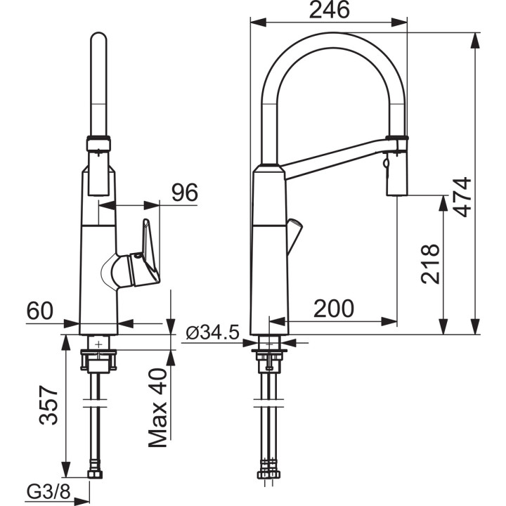 Bateria kuchenna Oras Optima, elastyczna wylewka, wysokość 474mm, chrom